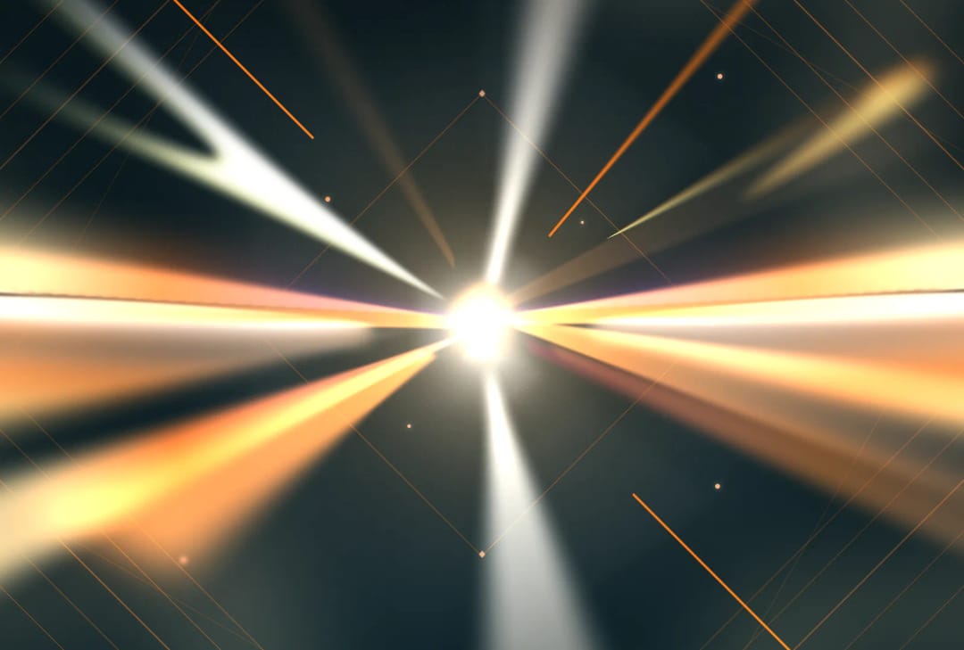 Orange and white rays bursting across a dark background. Shipped.