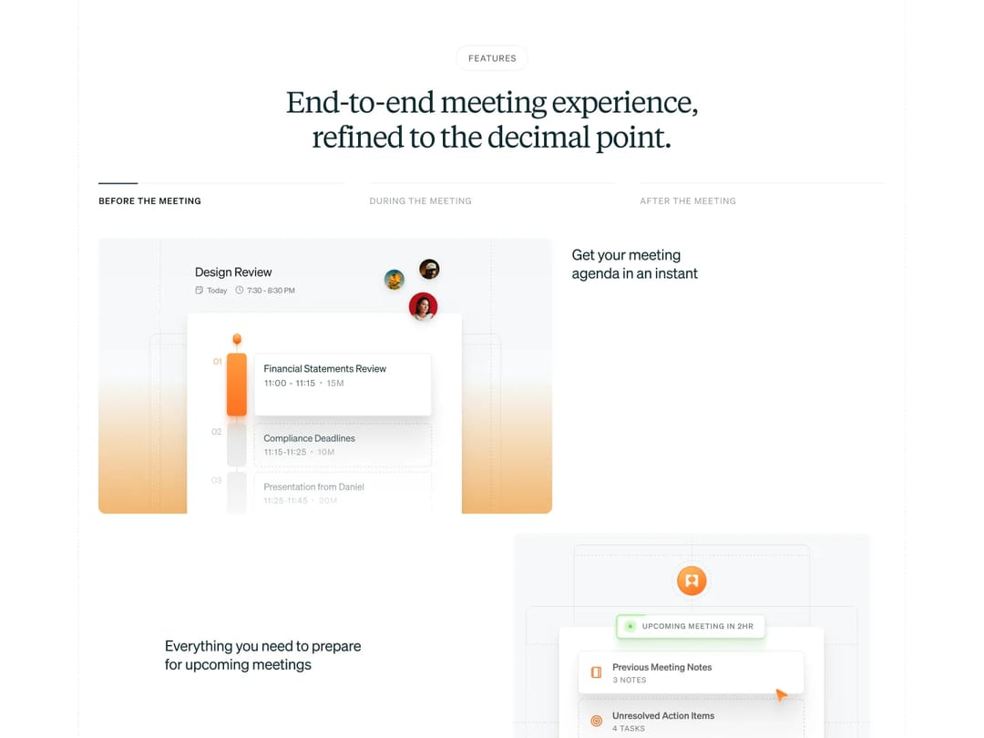A website section describing the meeting experience, with product details. Shipped.
