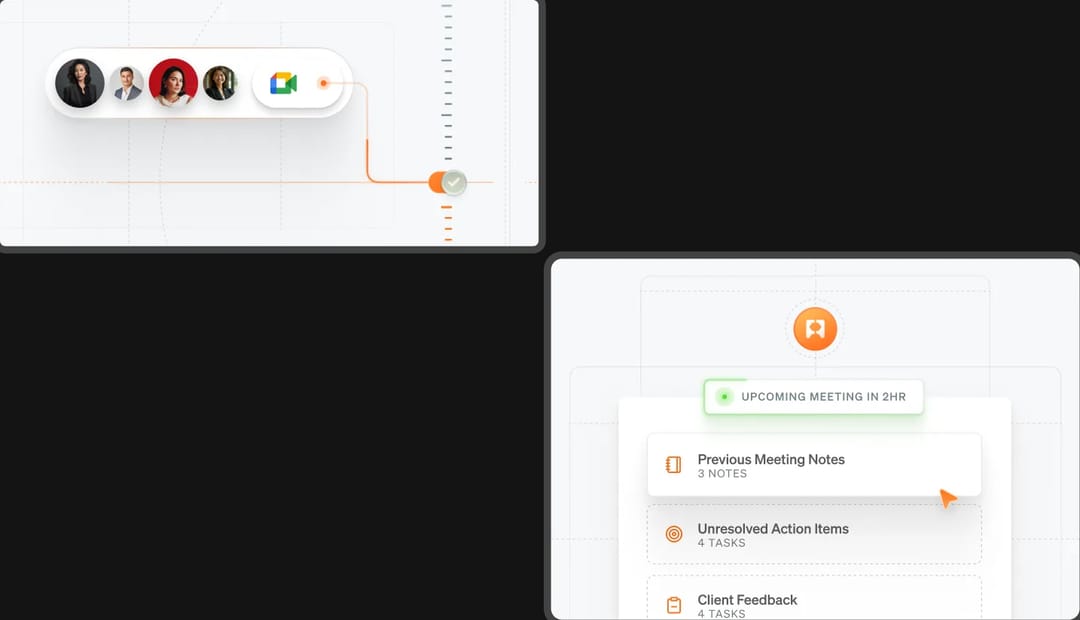 Floating interface cards showing meeting notes and action items. Shipped.