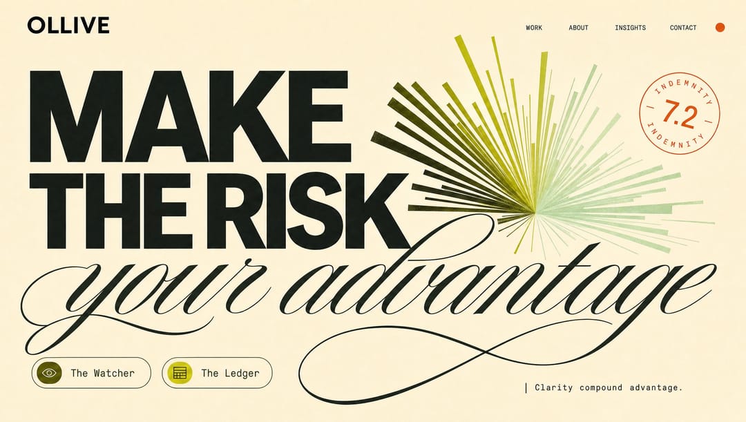 A bold headline mixing grotesk and script lettering over engraved light rays, with a round seal. Concept, round 4. Not shipped.