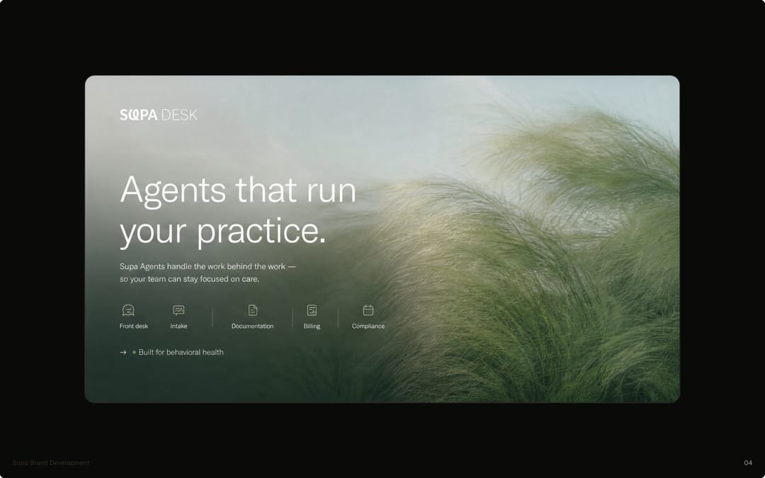 A website hero headline over wind-swept grass, with a glass navigation bar. Concept. Not shipped.