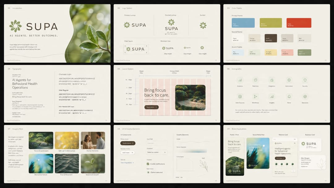 A nine-panel board showing a logo, palette, social posts, interface and photography. Exploration. Not shipped.