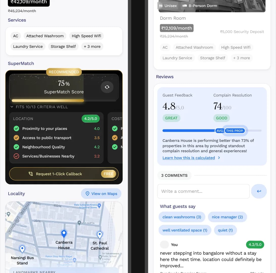 A mobile app screen showing a property listing and a match score. Shipped.